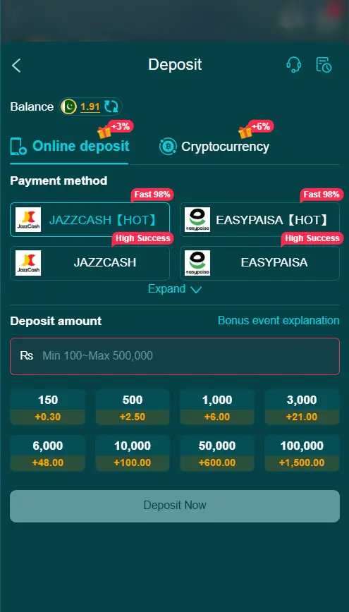 HH98 Game deposit screen with JazzCash, Easypaisa and Pakistani Rupee amount options